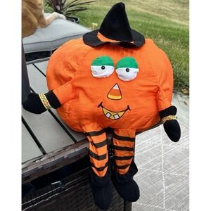 Vintage Parachute Pumpkin Jack O Lantern Plush 1993 Halloween Decor Shelf Sitter